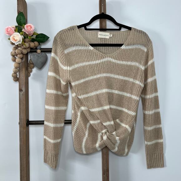 Dreamers Long Sleeve Brown Cream V Neck Sweater Size Small - Picture 1 of 7